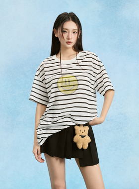 SOFITTE 25SSLazy vacation白色笑脸烫钻蕾丝条纹休闲T恤男女同款