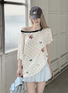 SOFITTE 25SS夏季新款白色波点满印斜肩天丝撞色领口日常通勤短袖