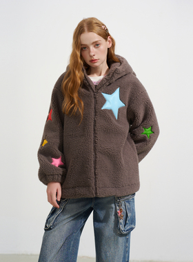 SOFITTE 25AW羊羔绒大廓型星星拼贴外套夹克宽松连帽开衫厚款男女