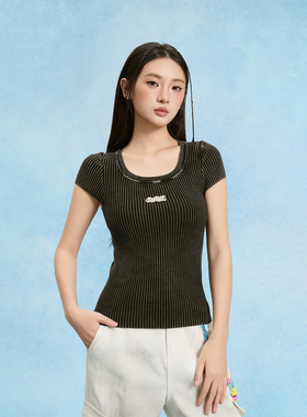 SOFITTE 25SS慵懒不扎肤黑色水洗做旧小飞袖打底短款修身针织衫