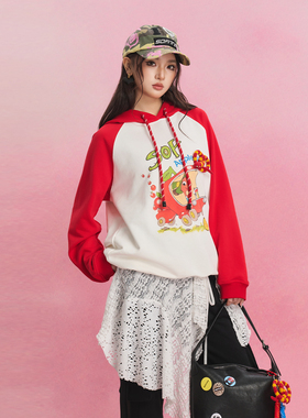 SOFITTE 25SS红色插肩袖蛇年限定连帽宽松卫衣休闲印花上衣男女款