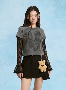 SOFITTE 25SS做旧复古腊肠狗手绘印花蕾丝拼接灰色宽松长袖T恤女