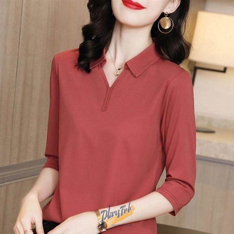 七分袖t恤女半开领百搭衫洋气显瘦修身纯色个性中袖时尚上衣女潮T