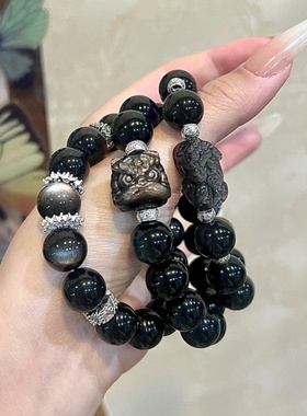 天然银曜石醒狮头手链男女情侣款