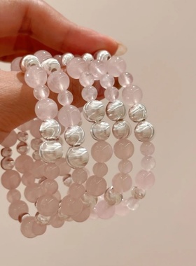天然粉水晶手串925银拉丝猫眼珠