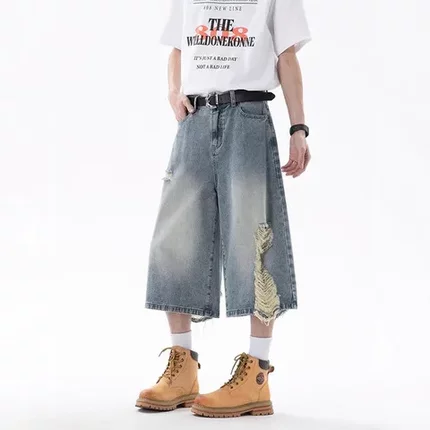 复古牛仔短裤vintage高街美式七分裤裤子蓝破洞男款夏季高腰直筒