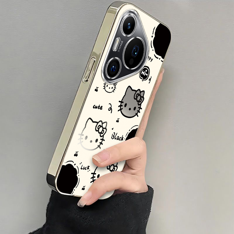 适用华为Pura70Pro+手机壳p70保护套HUAWEI七零新款可爱pura70ultra电镀银框Por全包防摔高级感女生黑白kt猫
