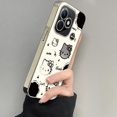 适用荣耀X60i手机壳华为HONORX60i保护套X6Oi新款i60X电镀银框X6i专用可爱全包防摔X60L叉X601i女生黑白kt猫
