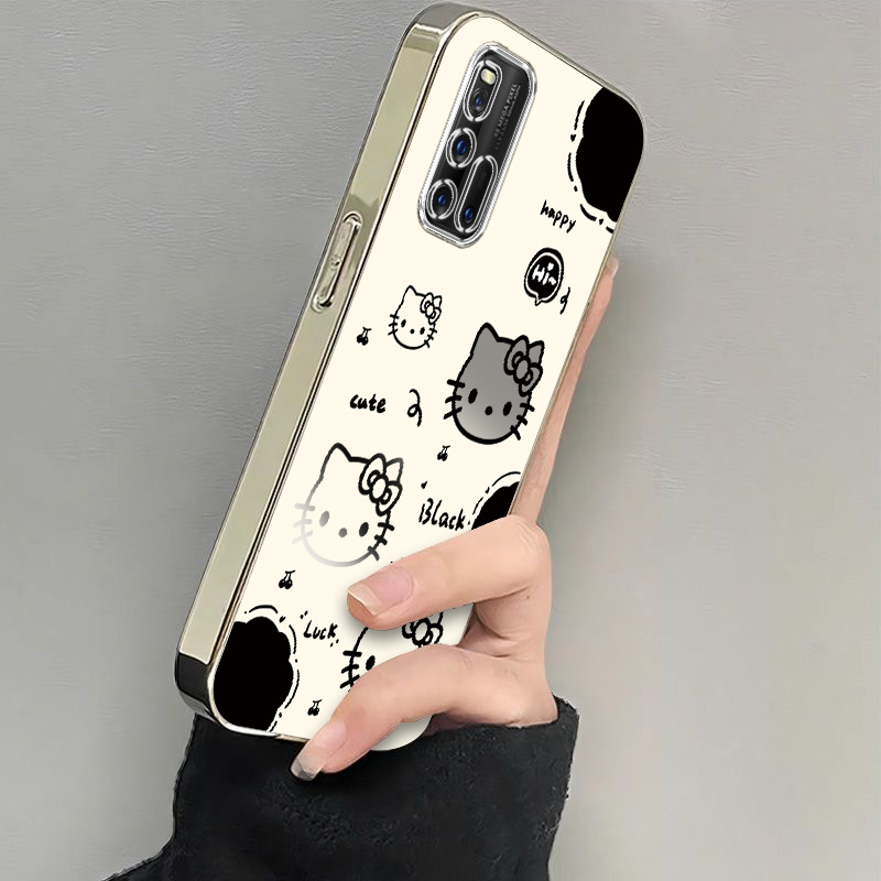 适用iQOO3手机壳vivoiQOO3保护套vivo爱酷iQ003可爱i酷iPOO液态iQO电镀iOOQ全包iQQO防摔iQ3iCOO女生黑白kt猫