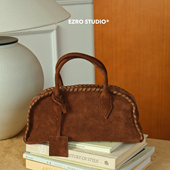 一作 EZRO 麂皮秋冬磨砂真皮手工编织波士顿保龄球包斜挎手提