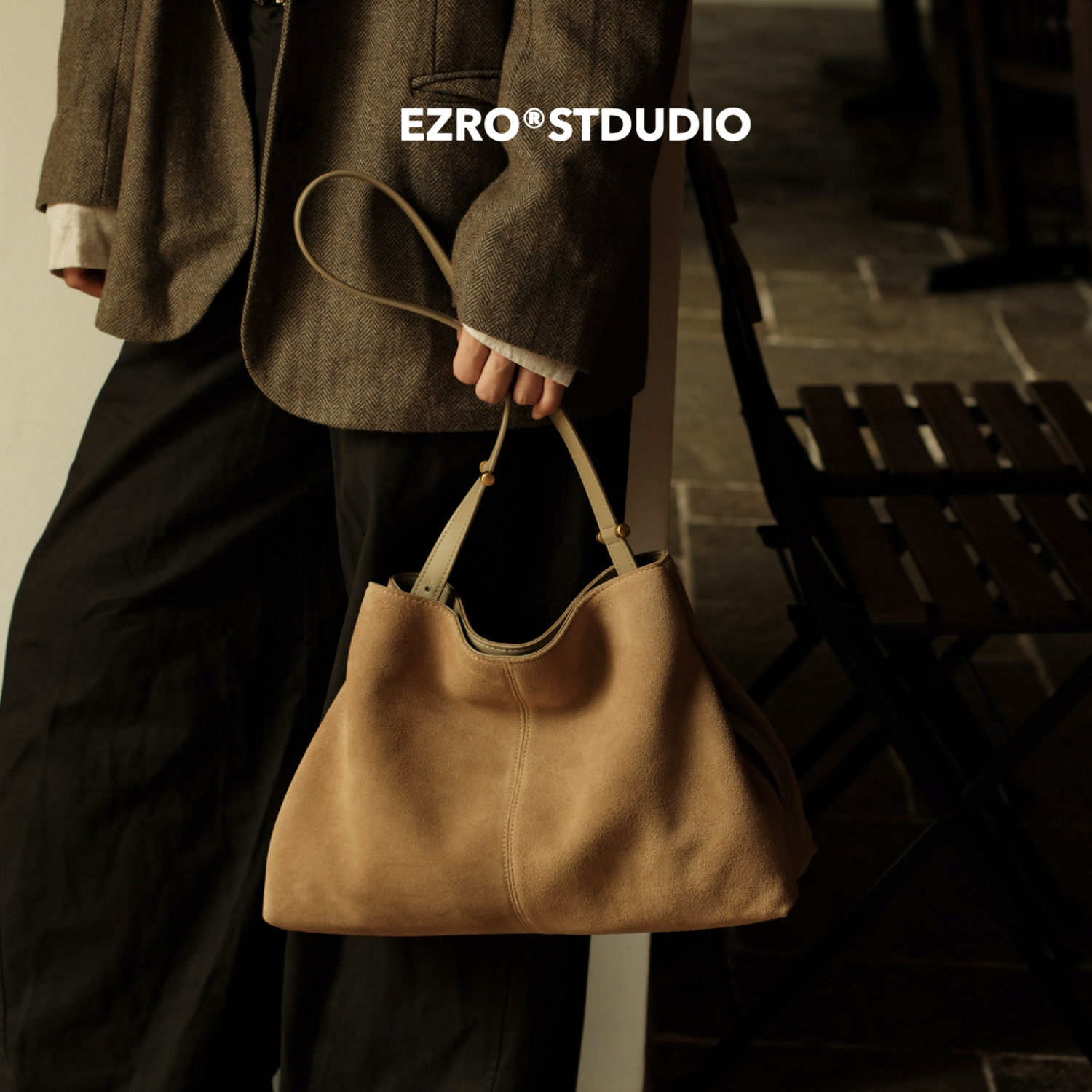 EZRO麂皮牛皮真皮单肩斜挎托特包