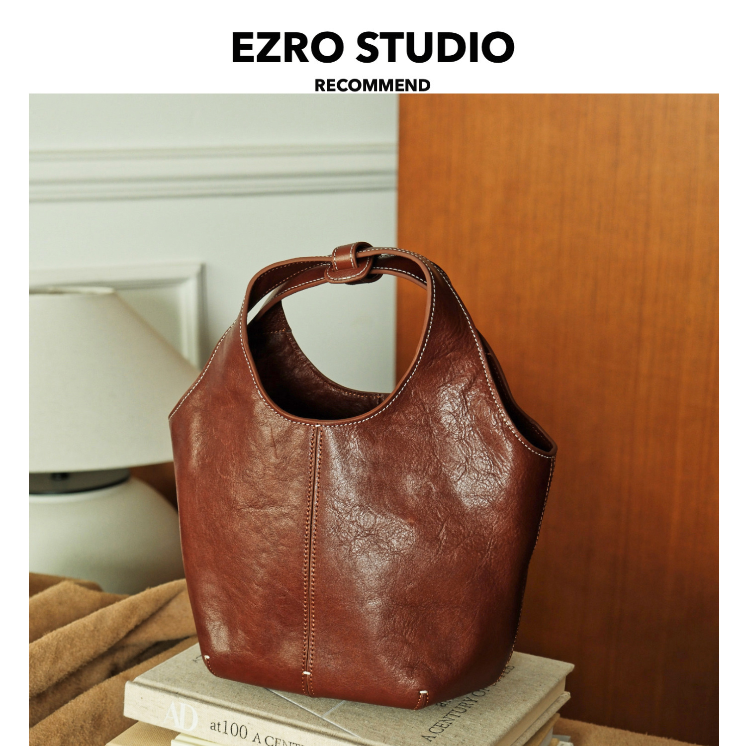 EZRO植鞣牛皮手提简约斜挎水桶包