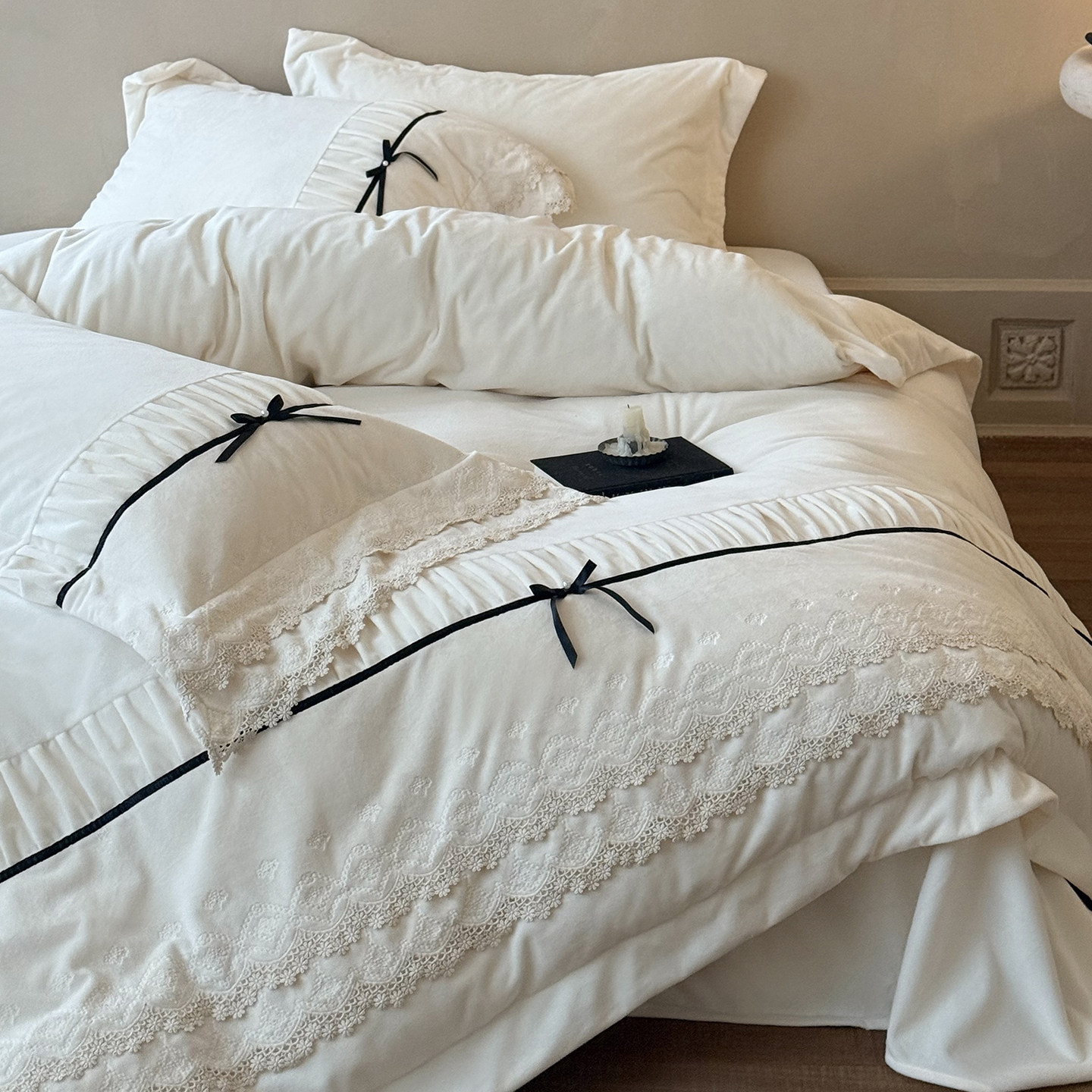 法式冬季婴肤绒四件套公主风珊瑚绒牛奶绒蕾丝蝴蝶结被套加绒床单