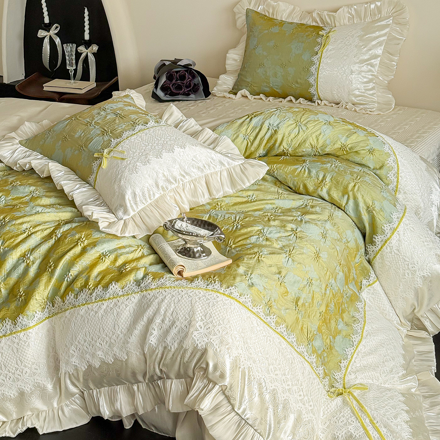 法式高级复古天丝棉四件套蕾丝花边蝴蝶结被套床单床盖少女心床品