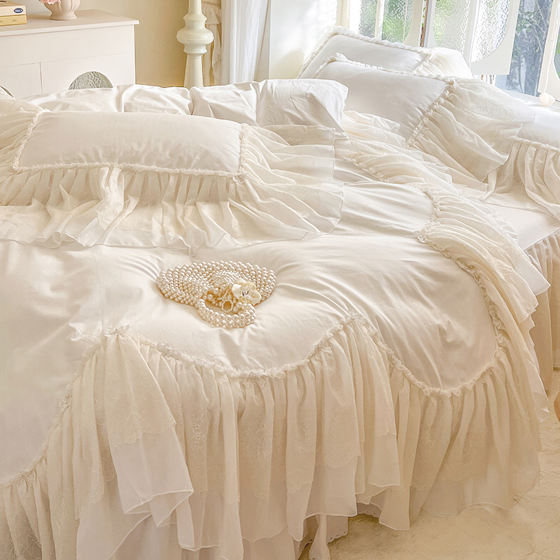 法式白色仙女蕾丝全棉床裙四件套