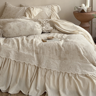 法式 中古风棉麻提花四件套亚麻纯棉蕾丝荷叶边被套高级公主风床品