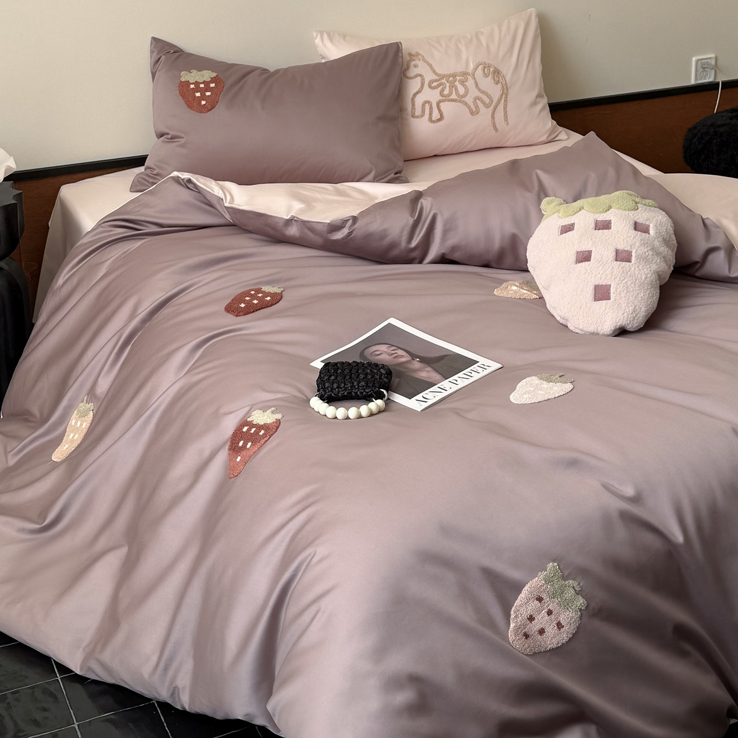 法式可爱少女全棉长绒棉四件套纯棉卡通草莓刺绣被套床单床笠床品