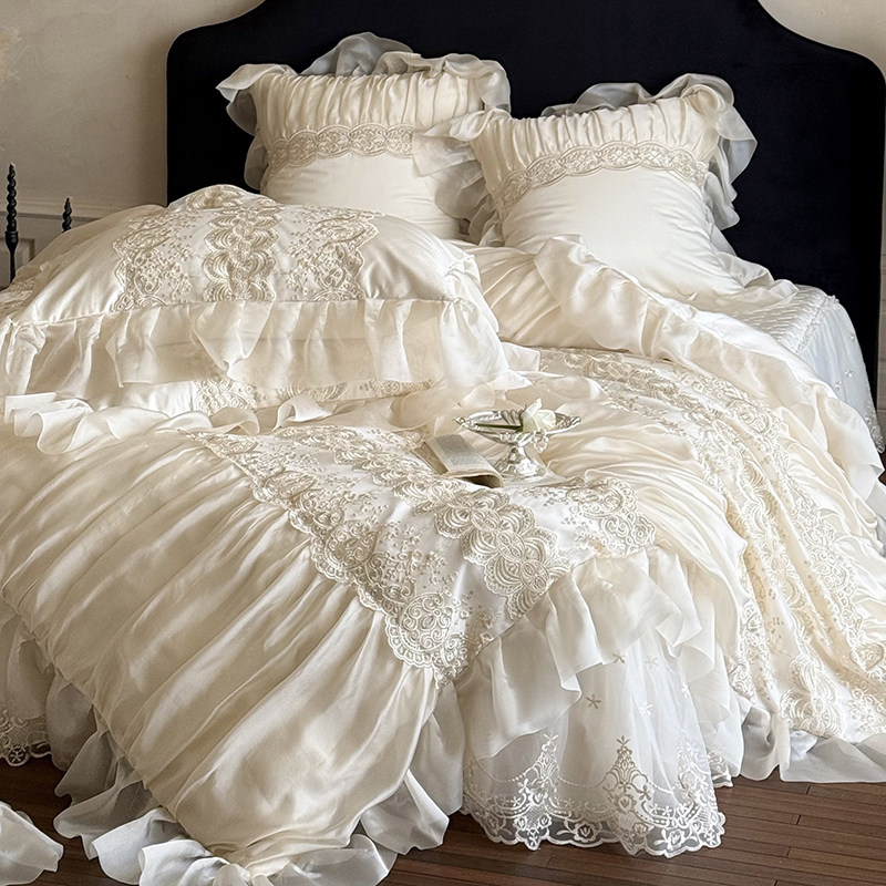法式重工床盖款天丝棉凉感四件套琉璃纱蕾丝花边被套公主高级床品