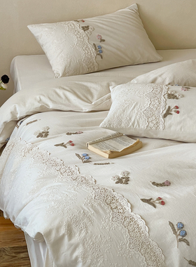 法式高端棉麻床上四件套纯棉被套立体毛巾绣花卉被套床单轻奢床品
