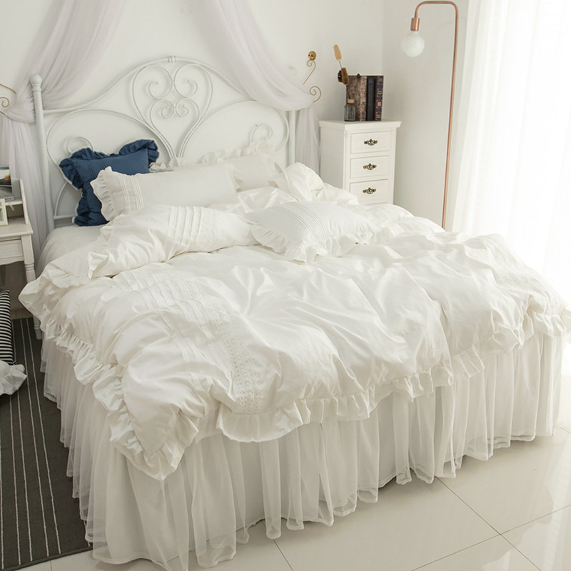 ins法式公主风纯棉100四件套全棉白色被套少女心蕾丝边1.8m床裙款