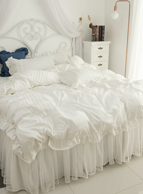 ins法式公主风纯棉100四件套全棉白色被套少女心蕾丝边1.8m床裙款