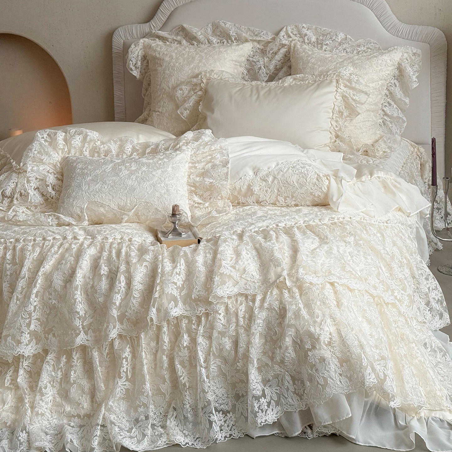 法式高级感床盖全棉长绒棉床上四件套宫廷蕾丝花边被套高级感床单