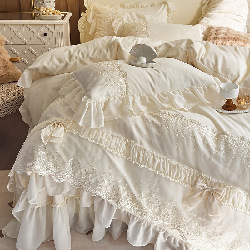 法式仙女公主风蕾丝牛奶绒四件套