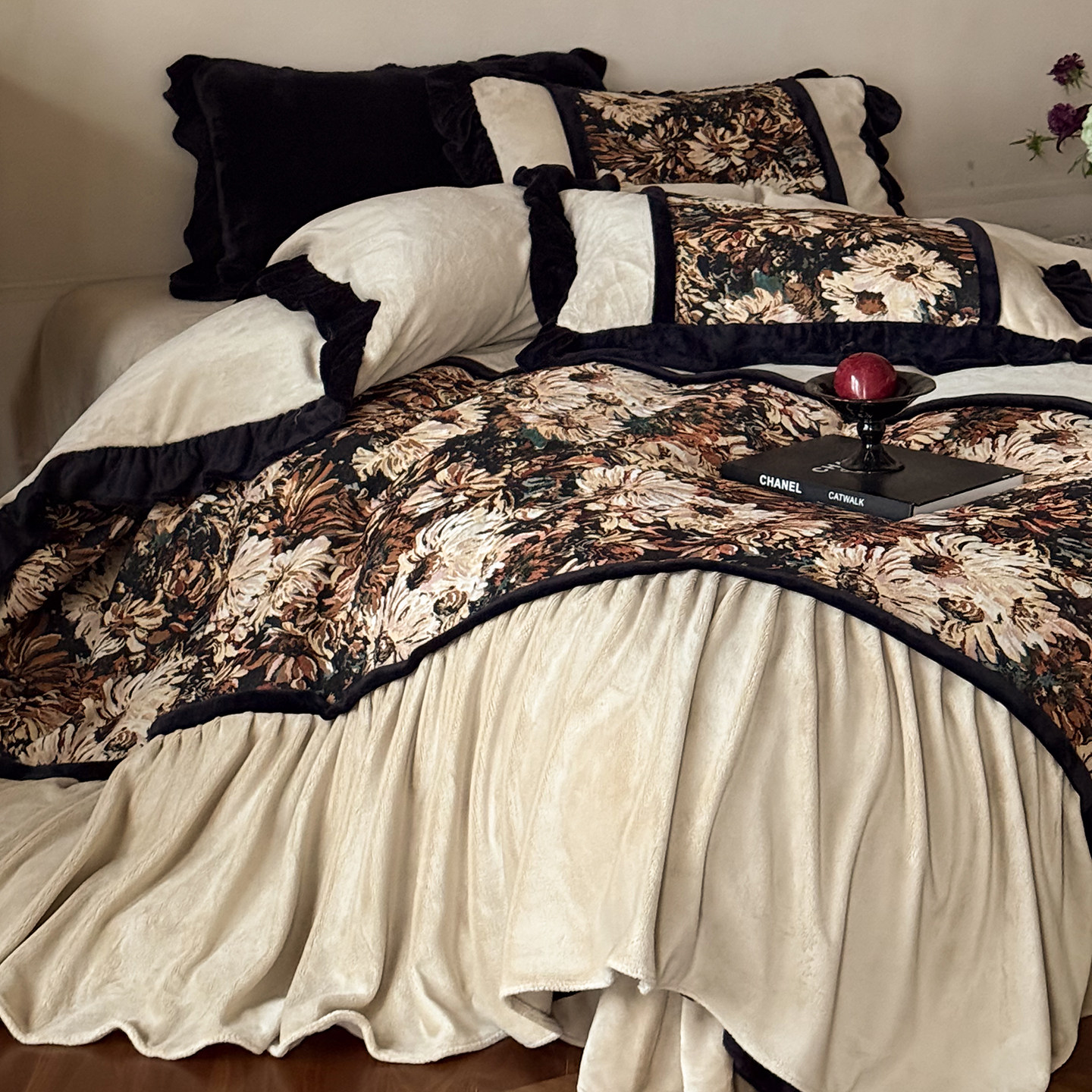 法式复古花卉牛奶绒四件套双面绒加厚花边被套床单公主风褶皱床品