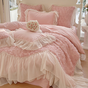 140支全棉长绒棉四件套玫瑰蕾丝公主风被套床单纯棉床上用品4 法式