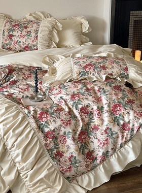 法式复古100全棉磨毛贡缎四件套纯棉荷叶边被套公主风加厚床裙款4