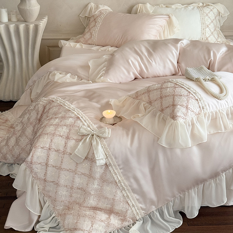 法式浪漫少女粉色凉感天丝四件套蝴蝶结蕾丝花边被套公主床单床品