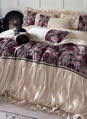 法式复古油画风纯棉100支全棉长绒棉四件套公主风蕾丝纱被套床裙4