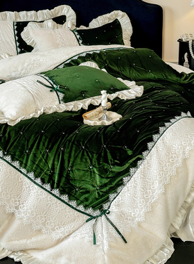 法式冬季复古花卉高克重金貂毛牛奶绒四件套蕾丝刺绣花边被套床单