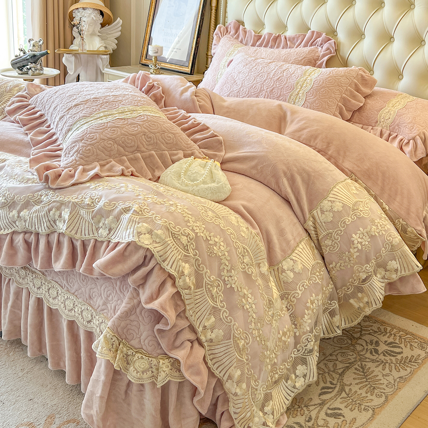 法式加绒床盖款牛奶绒四件套公主风珊瑚绒双面绒蕾丝花边被套冬季