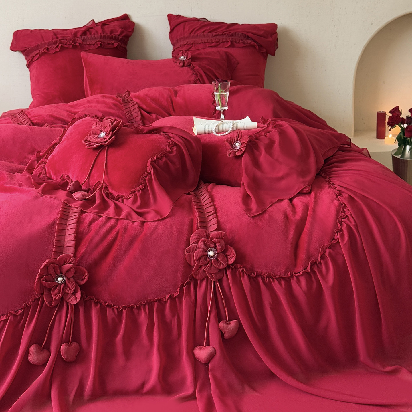 法式复古红色牛奶绒四件套公主风立体花朵珊瑚绒加绒被套婚庆冬季