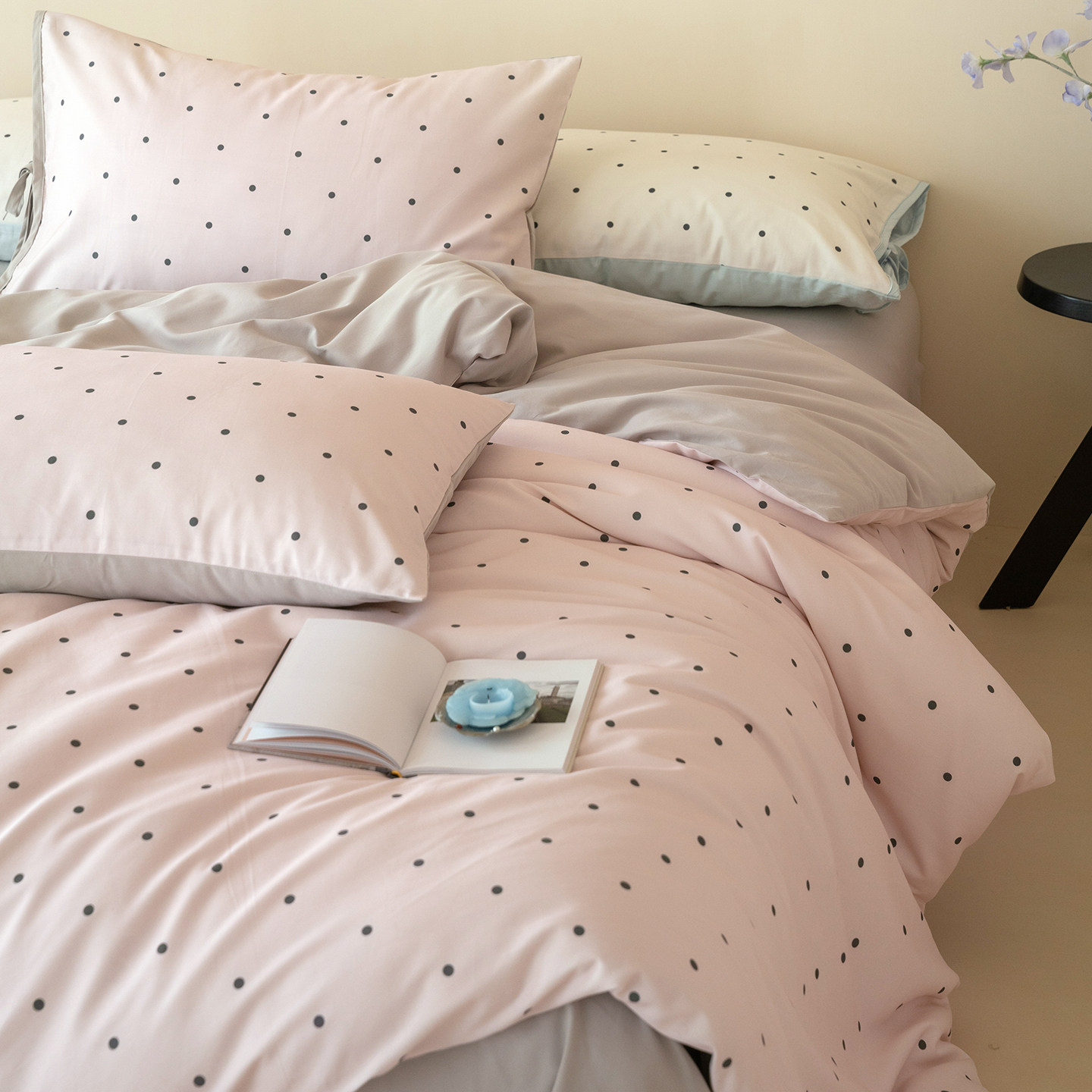 少女心粉色波点全棉磨毛加厚四件套公主风纯棉被套床笠款绑带床品