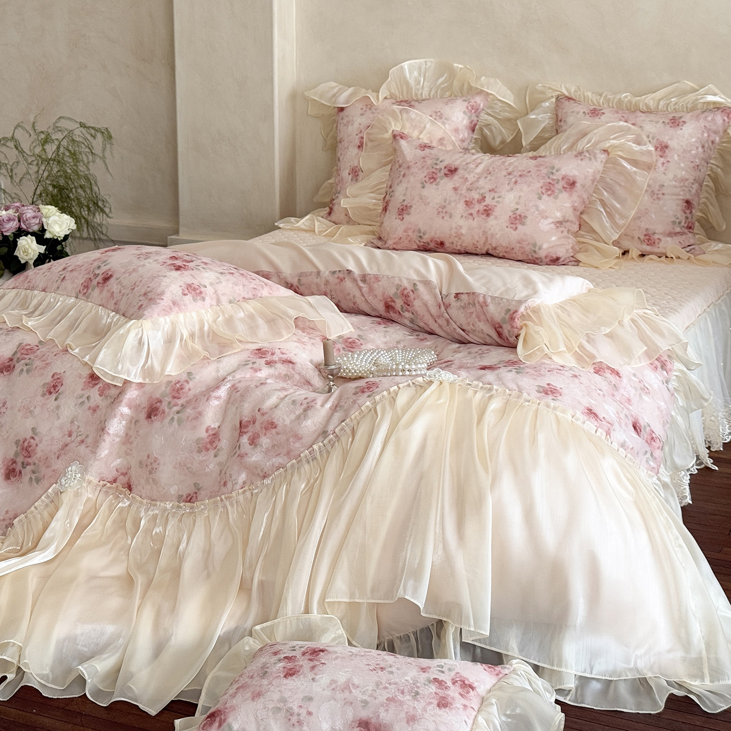 法式玫瑰花卉床盖款长绒棉四件套