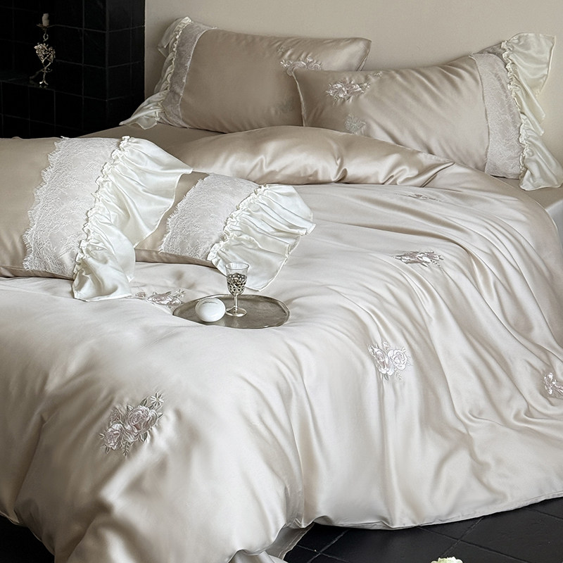 法式高级香槟色兰精天丝四件套刺绣被套蕾丝边公主风床单床笠床品,床上用品,床品套件/四件套/多件套,淘宝优惠券,粉丝福利购,淘宝优惠卷