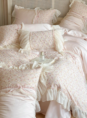 法式仙女粉80支天丝夏凉被四件套凉感蕾丝花边被套公主风丝滑床单