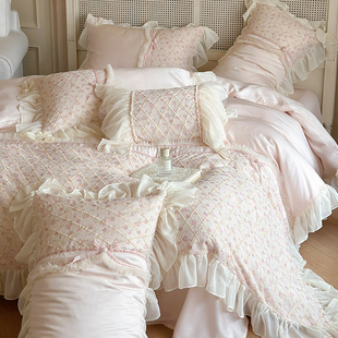法式仙女粉80支天丝夏凉被四件套凉感蕾丝花边被套公主风丝滑床单