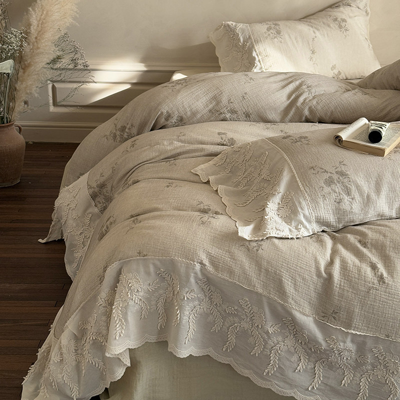法式中古风全棉双层纱四件套蕾丝花边被套公主风复古少女纯棉床单
