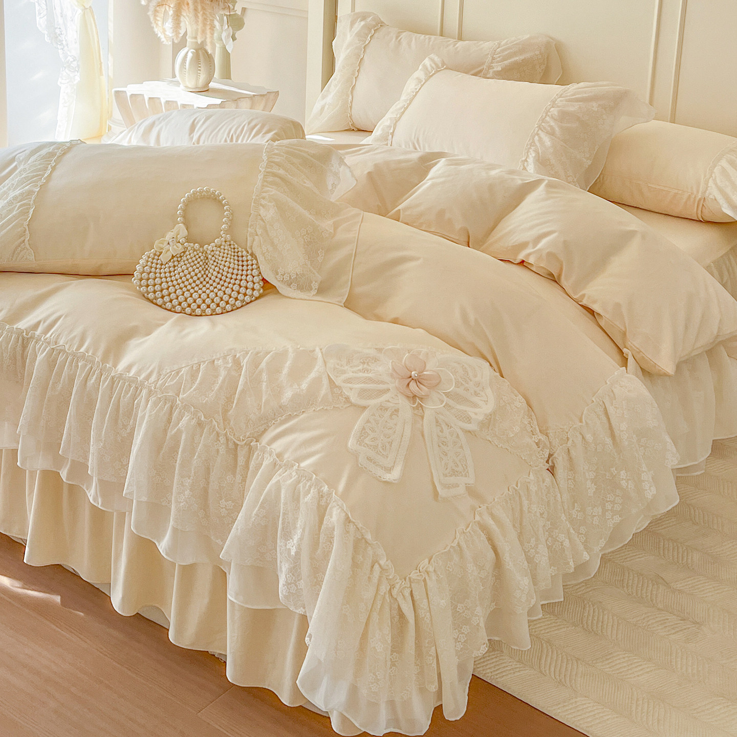 法式公主风全棉纯棉床上四件套蕾丝花边被套奶油风高级感床单床品,床上用品,床品套件/四件套/多件套,淘宝优惠券,粉丝福利购,淘宝优惠卷