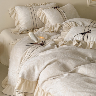 法式 床品 中古提花棉麻混纺四件套纯棉亚麻蝴蝶结被套床单高级四季