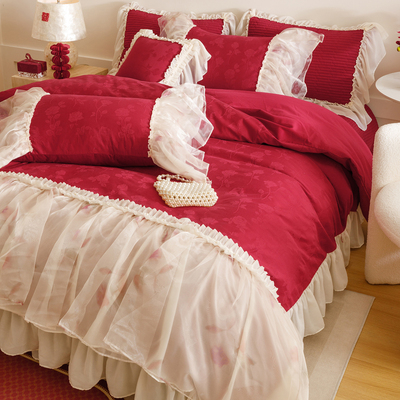 法式婚庆提花全棉床盖蕾丝四件套