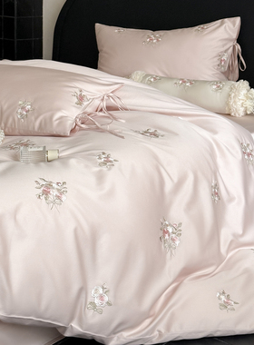 法式粉色公主风100S全棉长绒棉四件套玫瑰花刺绣被套纯棉床上用品
