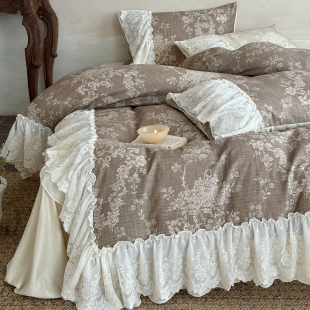 法式 复古全棉双层纱四件套优雅重工蕾丝花边纯棉被套床单床笠床品