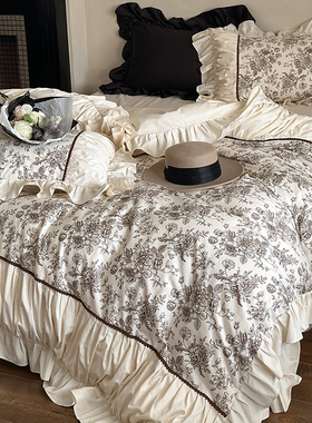 法式复古高级全棉四件套公主风纯棉褶皱荷叶花边被套床单少女床品