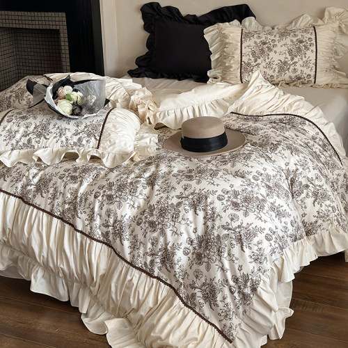 褶皱荷叶边四件套纯棉法式公主风