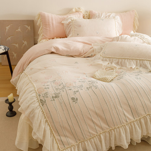 法式少女心粉色牛奶绒床盖四件套