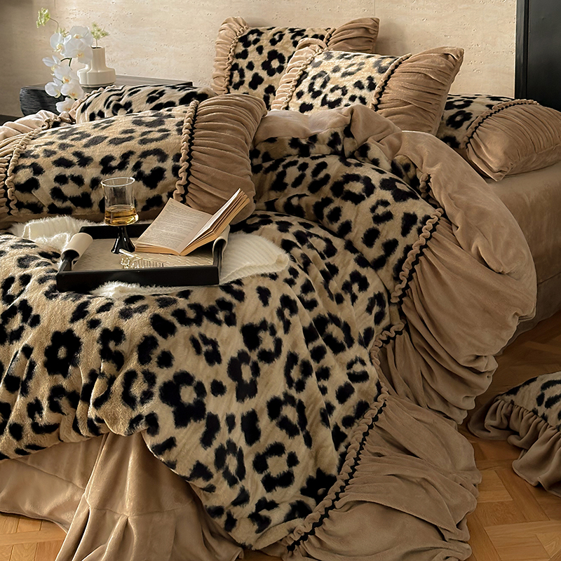 秋冬豹纹绒四件套加厚牛奶绒被套